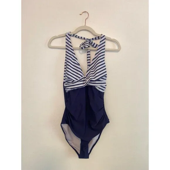 Women’s Navy & White Striped Halter One-Piece Swimsuit With Padded Cups Size S - Picture 1 of 6